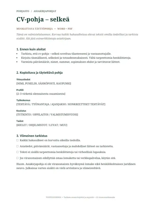CV-pohjan aito esikatselu