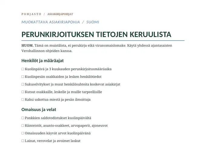 Perunkirjoituksen muistilista – tietojen keruu – asiakirjasivu
