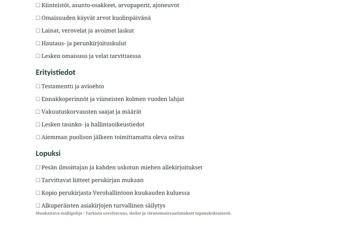 Perunkirjoituksen muistilista – tietojen keruu – asiakirjasivu