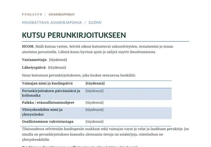 Kutsu perunkirjoitukseen – asiakirjasivu