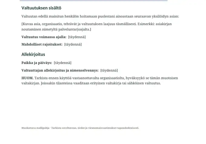 Yleinen asiointivaltakirja – asiakirjasivu